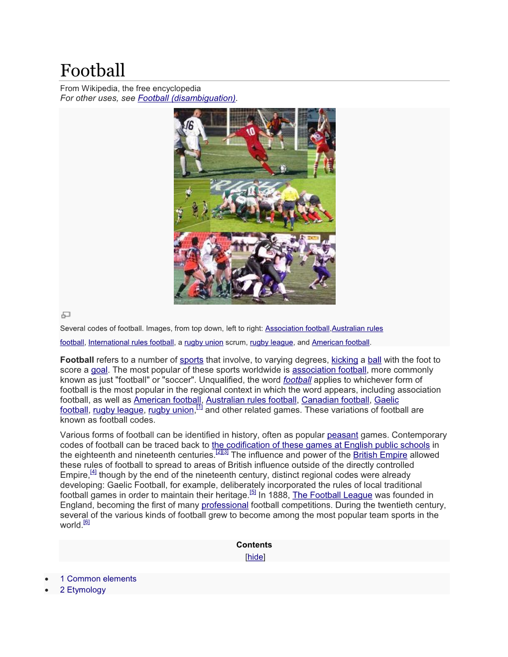 Football from Wikipedia, the Free Encyclopedia for Other Uses, See Football (Disambiguation)