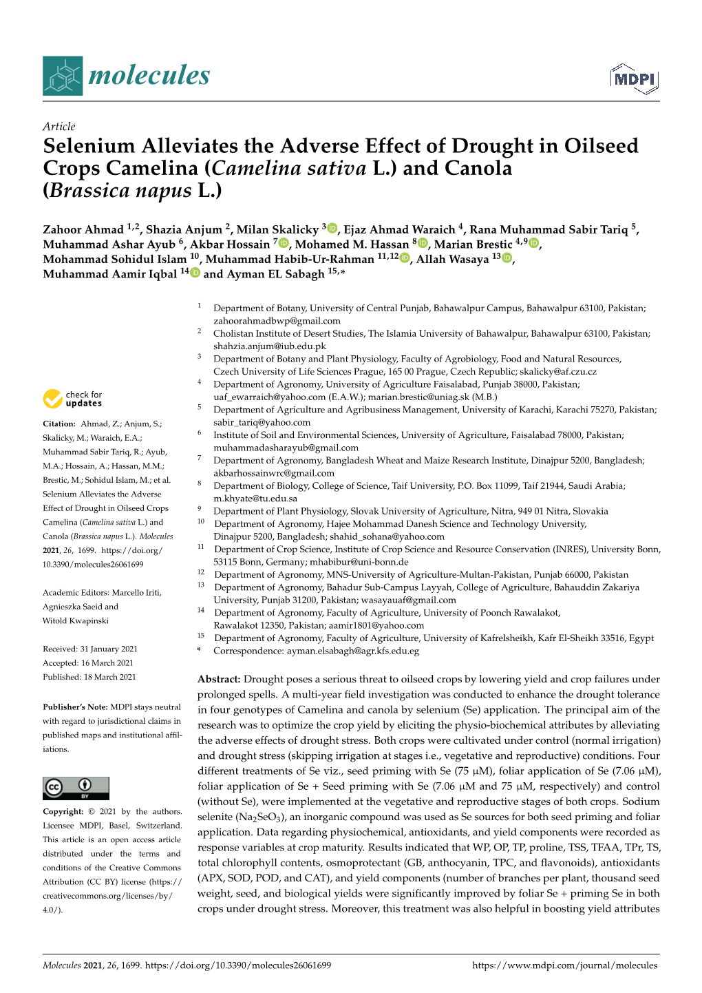 Selenium Alleviates the Adverse Effect of Drought in Oilseed Crops Camelina (Camelina Sativa L.) and Canola (Brassica Napus L.)