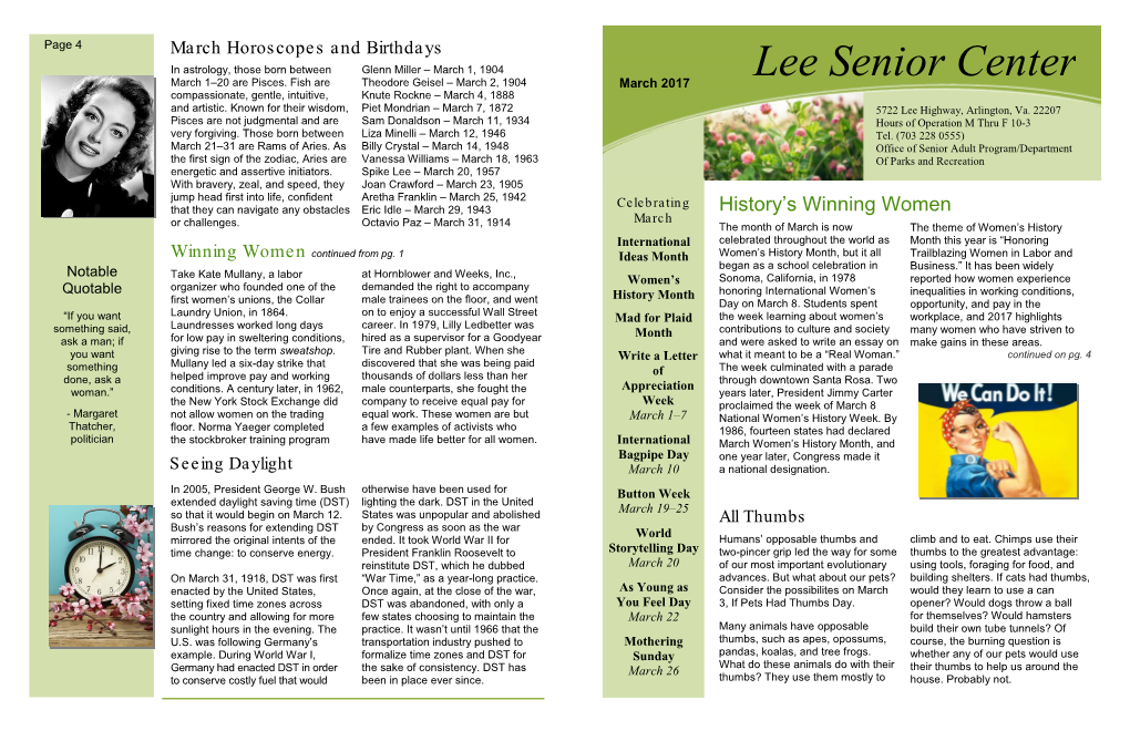 Lee Senior Center March 1–20 Are Pisces