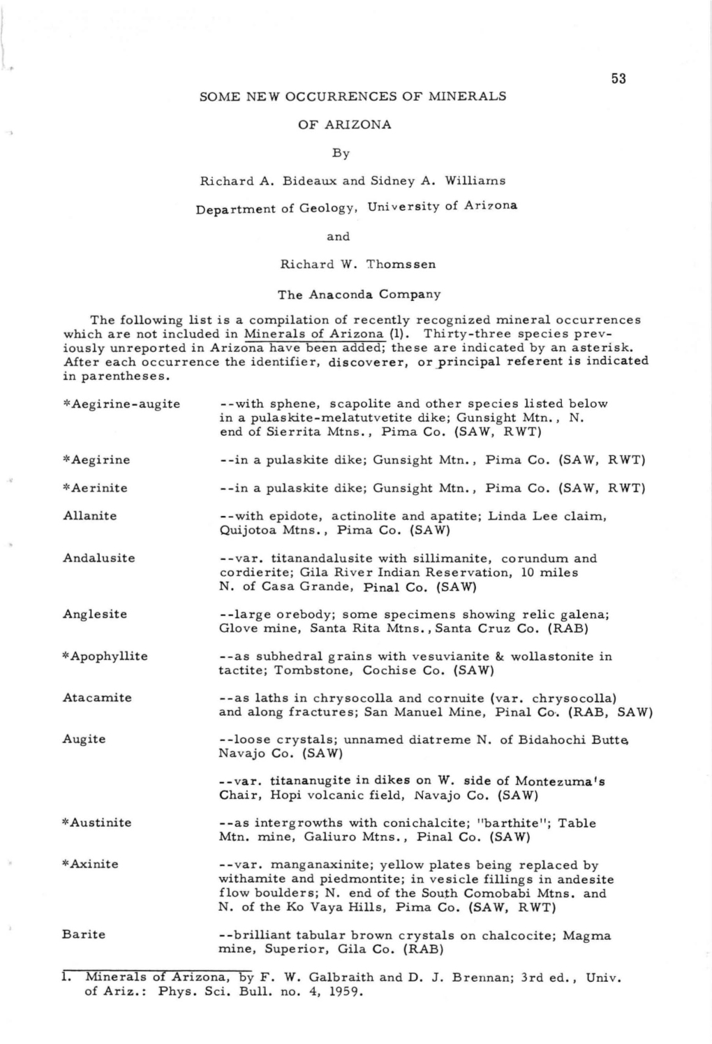 SOME NEW OCCURRENCES of MINERALS of ARIZONA B Y