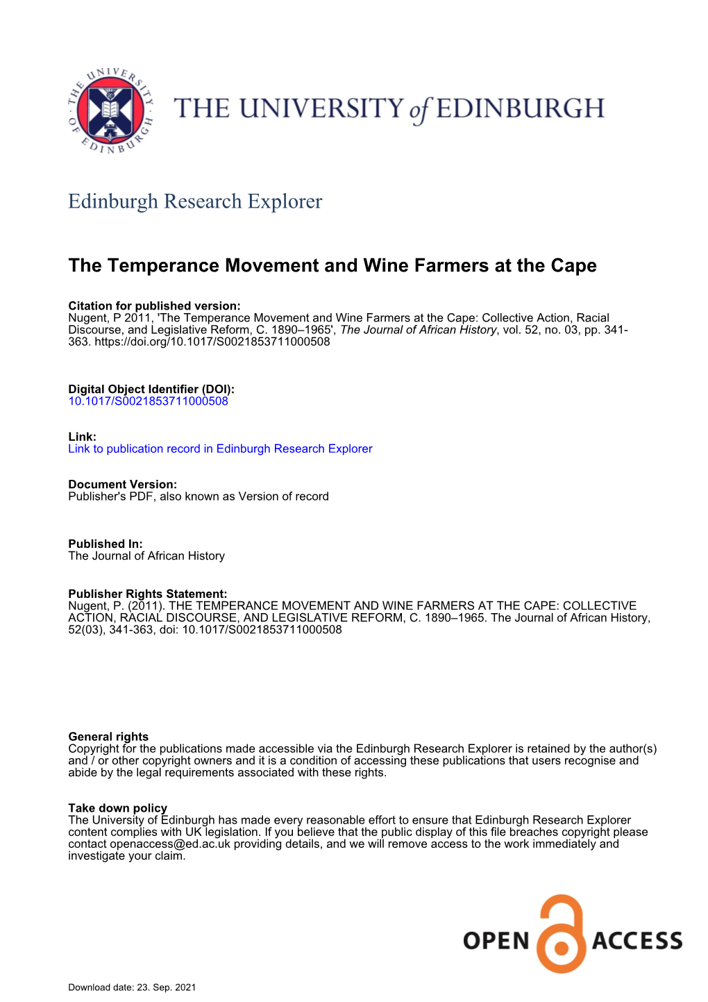 The Temperance Movement and Wine Farmers at the Cape