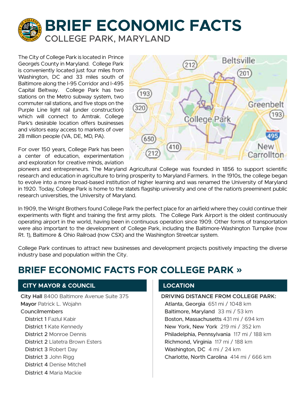 Brief Economic Facts College Park, Maryland