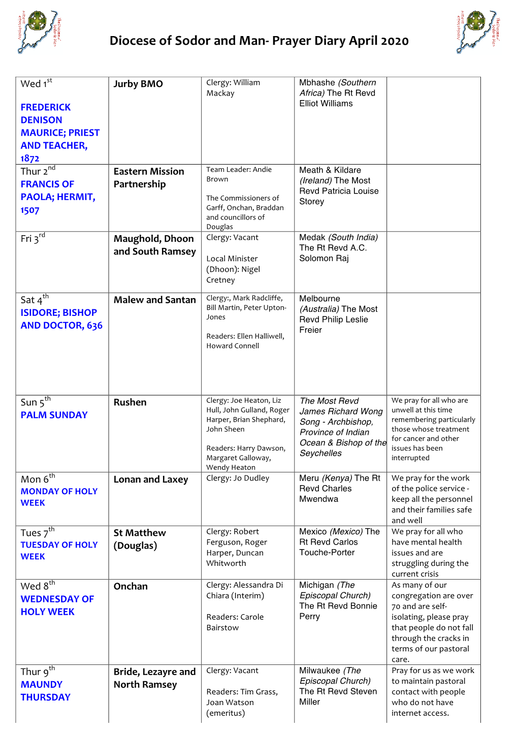 Diocese of Sodor and Man- Prayer Diary April 2020