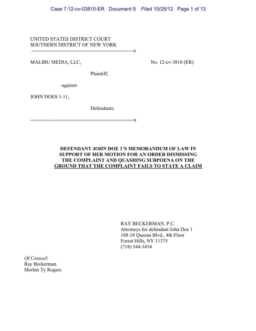 Case 7:12-Cv-03810-ER Document 9 Filed 10/25/12 Page 1 of 13