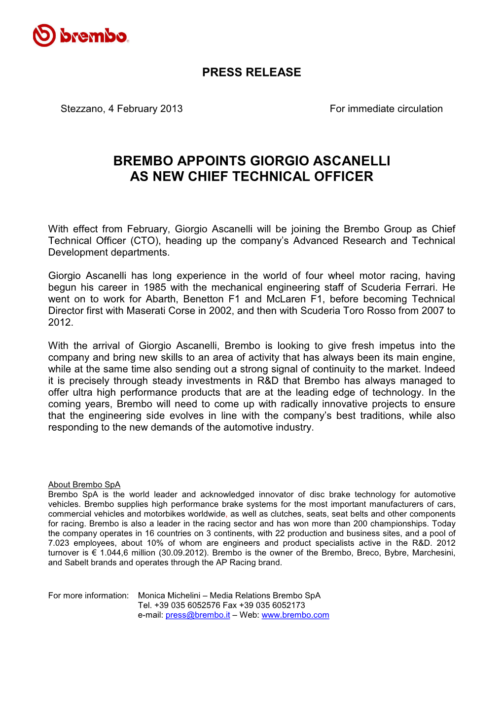 Brembo Appoints Giorgio Ascanelli As New Chief Technical Officer