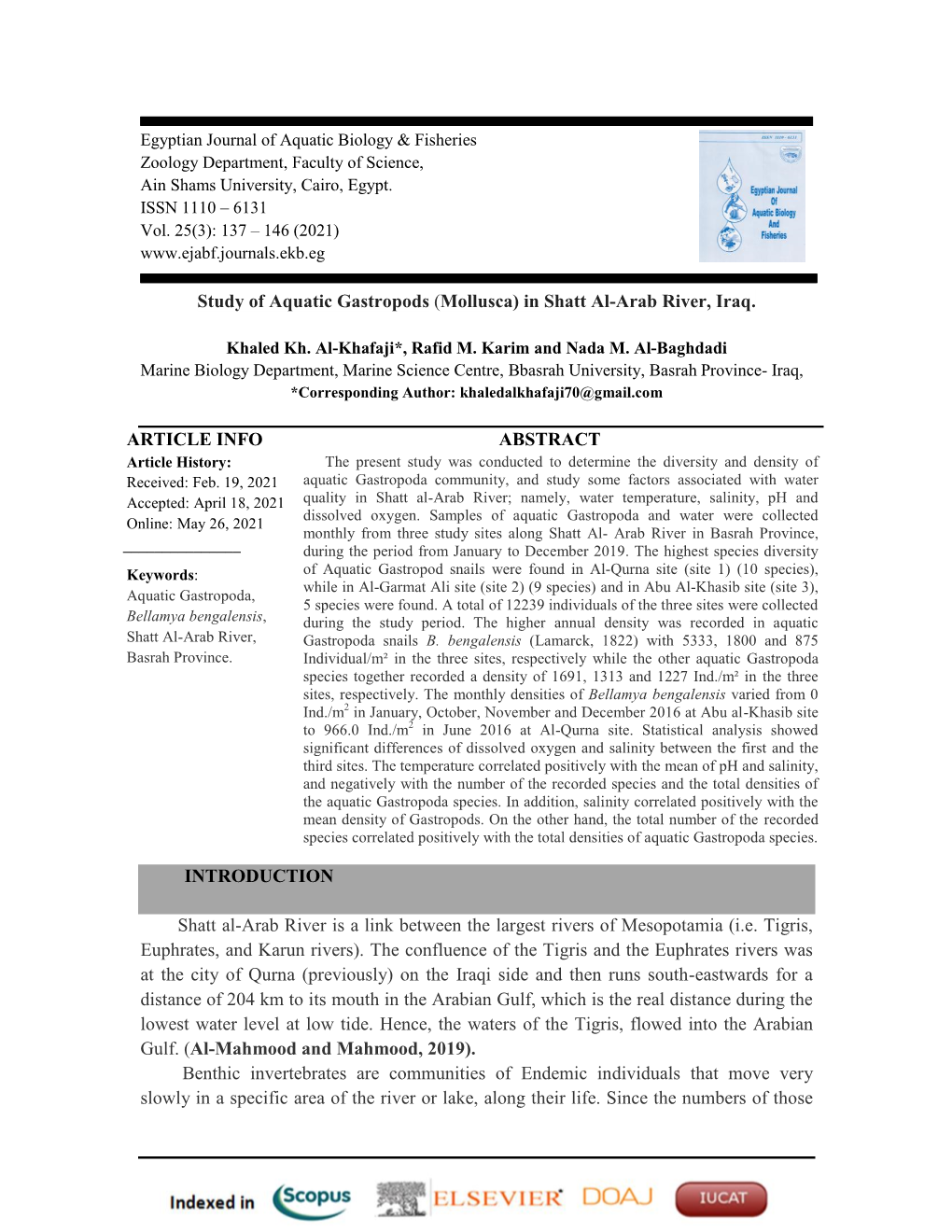 Study of Aquatic Gastropods (Mollusca) in Shatt Al-Arab River, Iraq