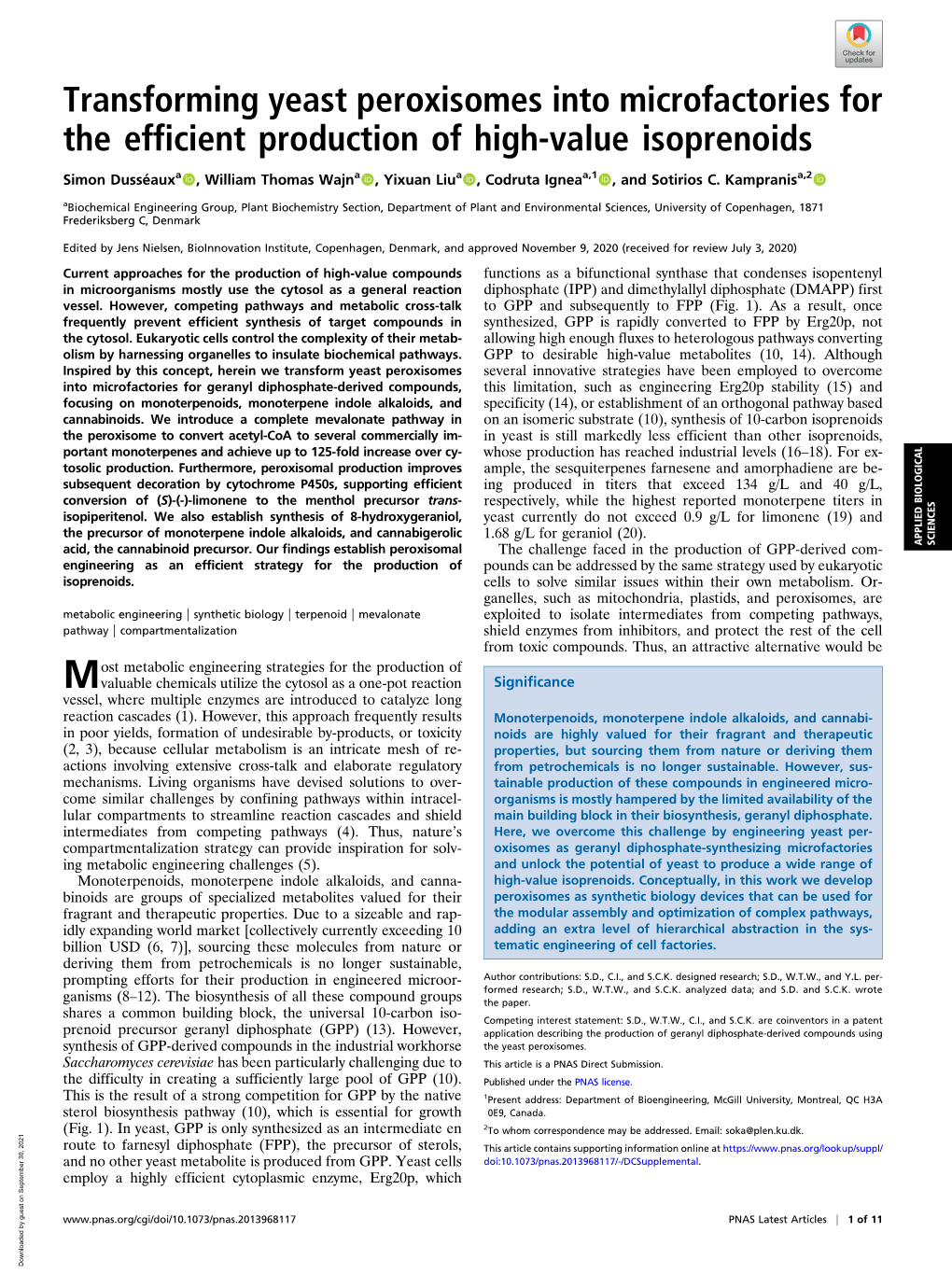 Transforming Yeast Peroxisomes Into Microfactories for the Efficient Production of High-Value Isoprenoids