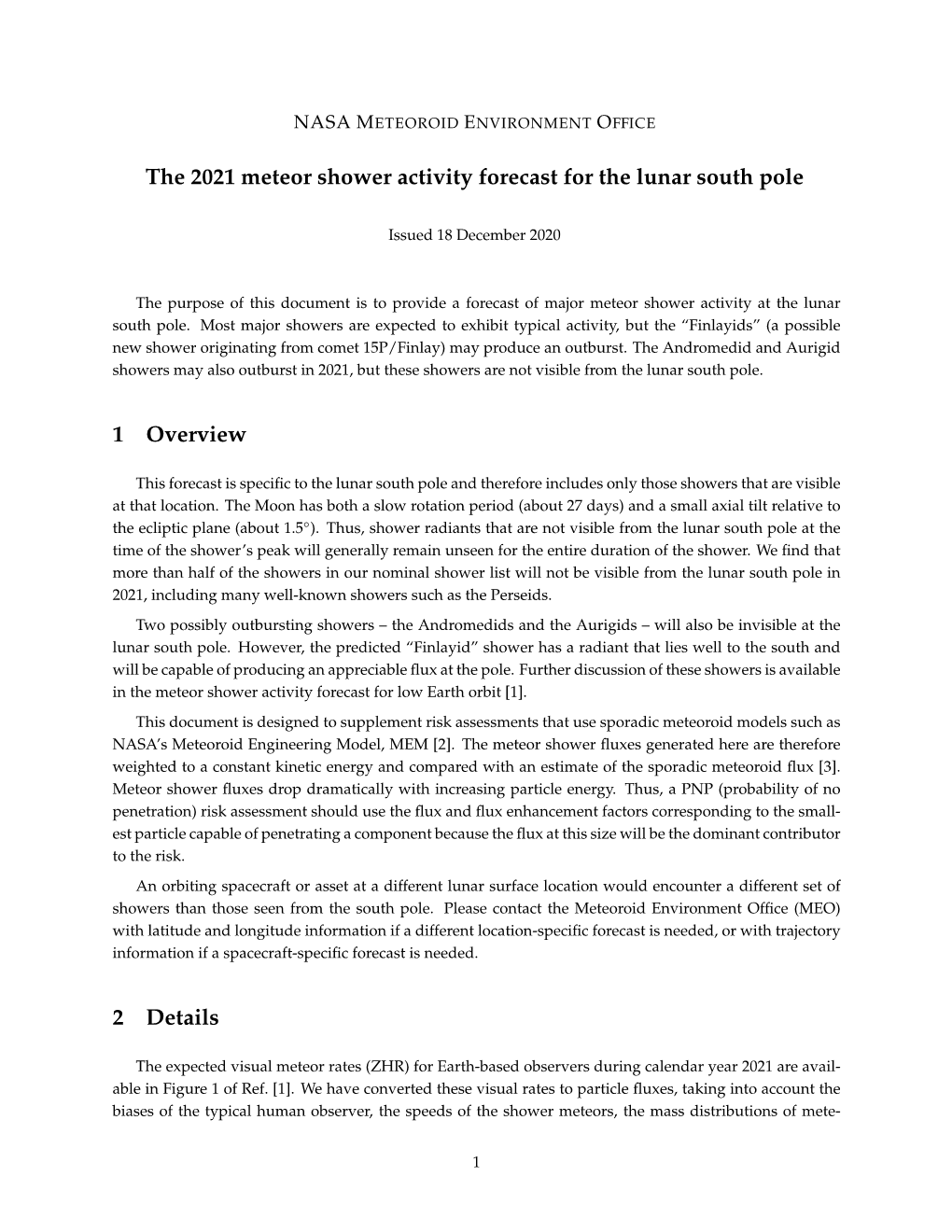 The 2021 Meteor Shower Activity Forecast for the Lunar South Pole 1