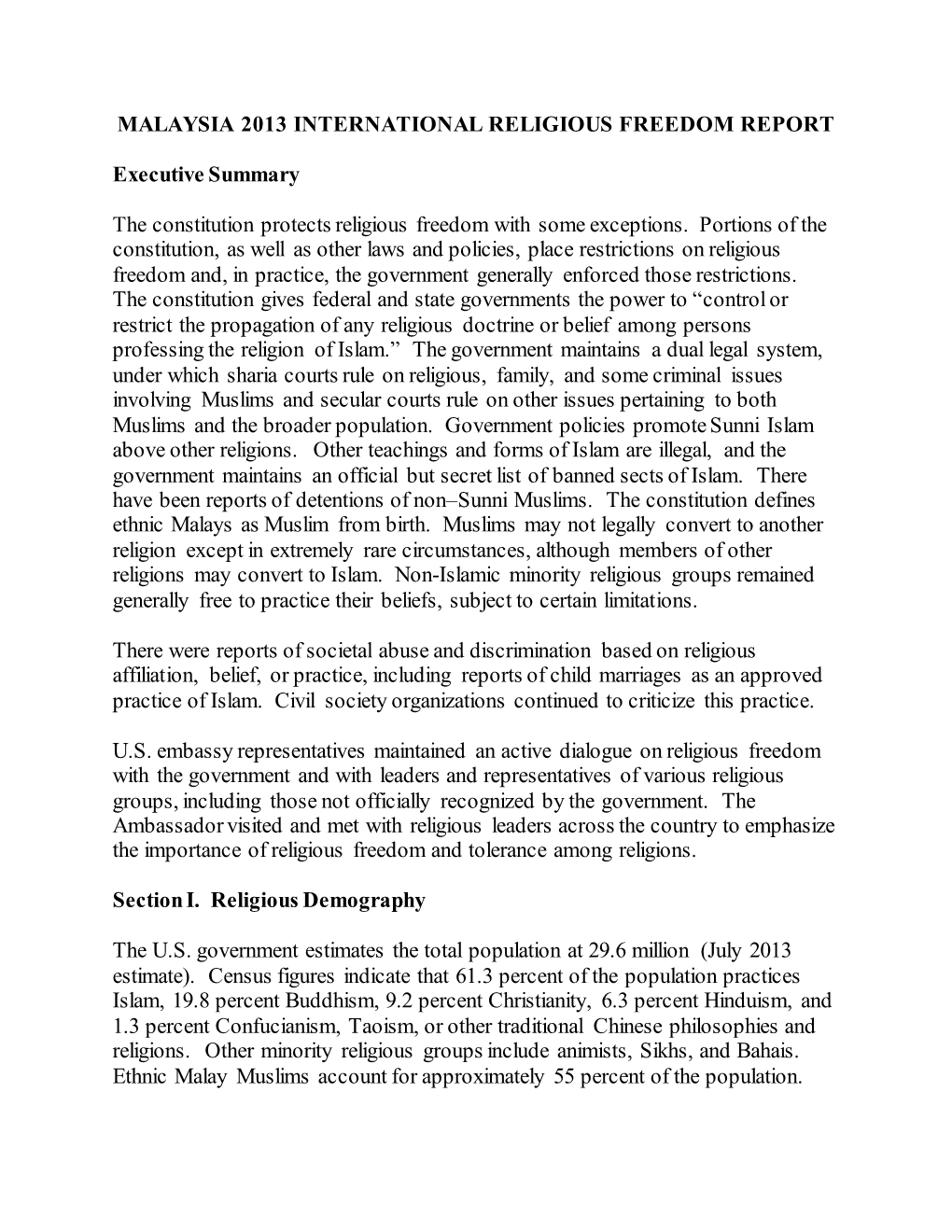 Malaysia 2013 International Religious Freedom Report