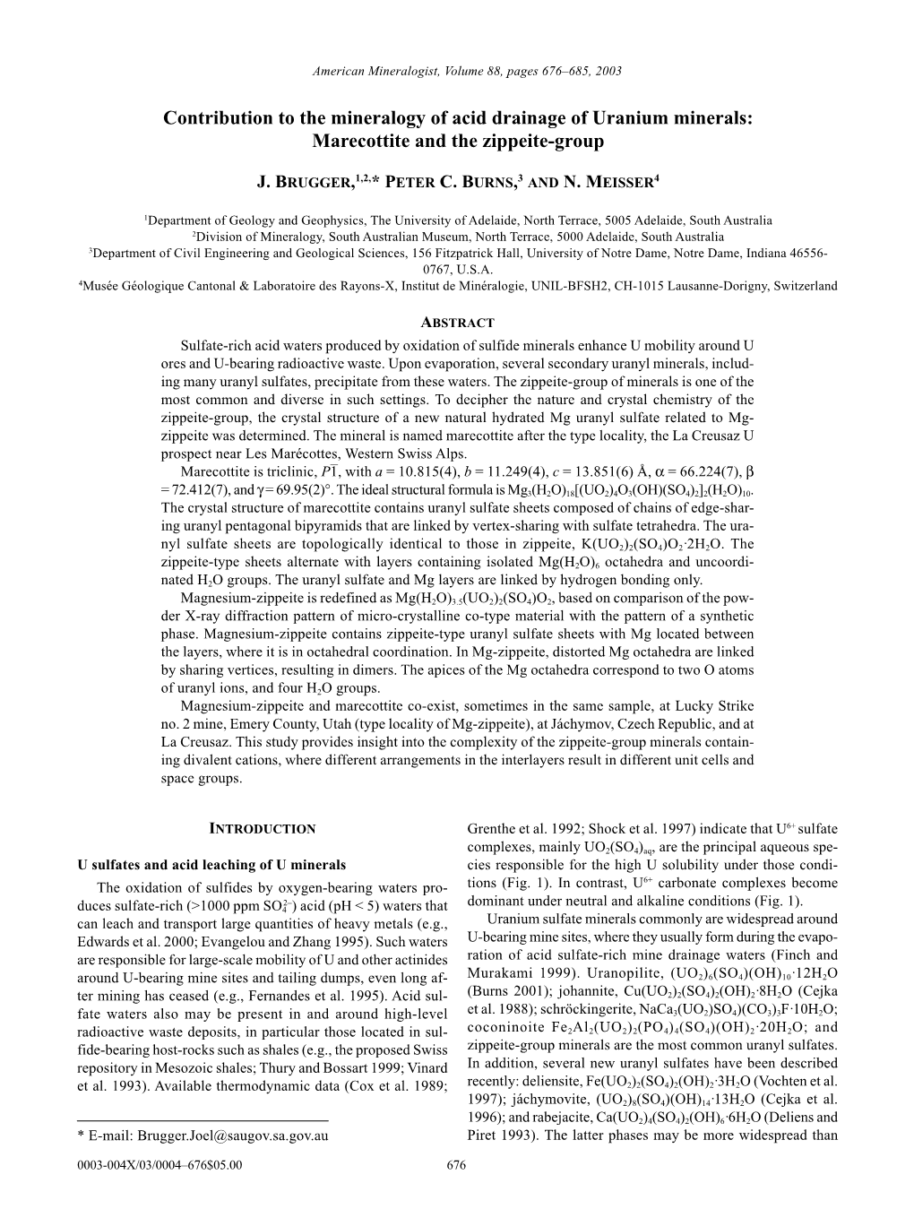 Contribution to the Mineralogy of Acid Drainage of Uranium Minerals: Marecottite and the Zippeite-Group