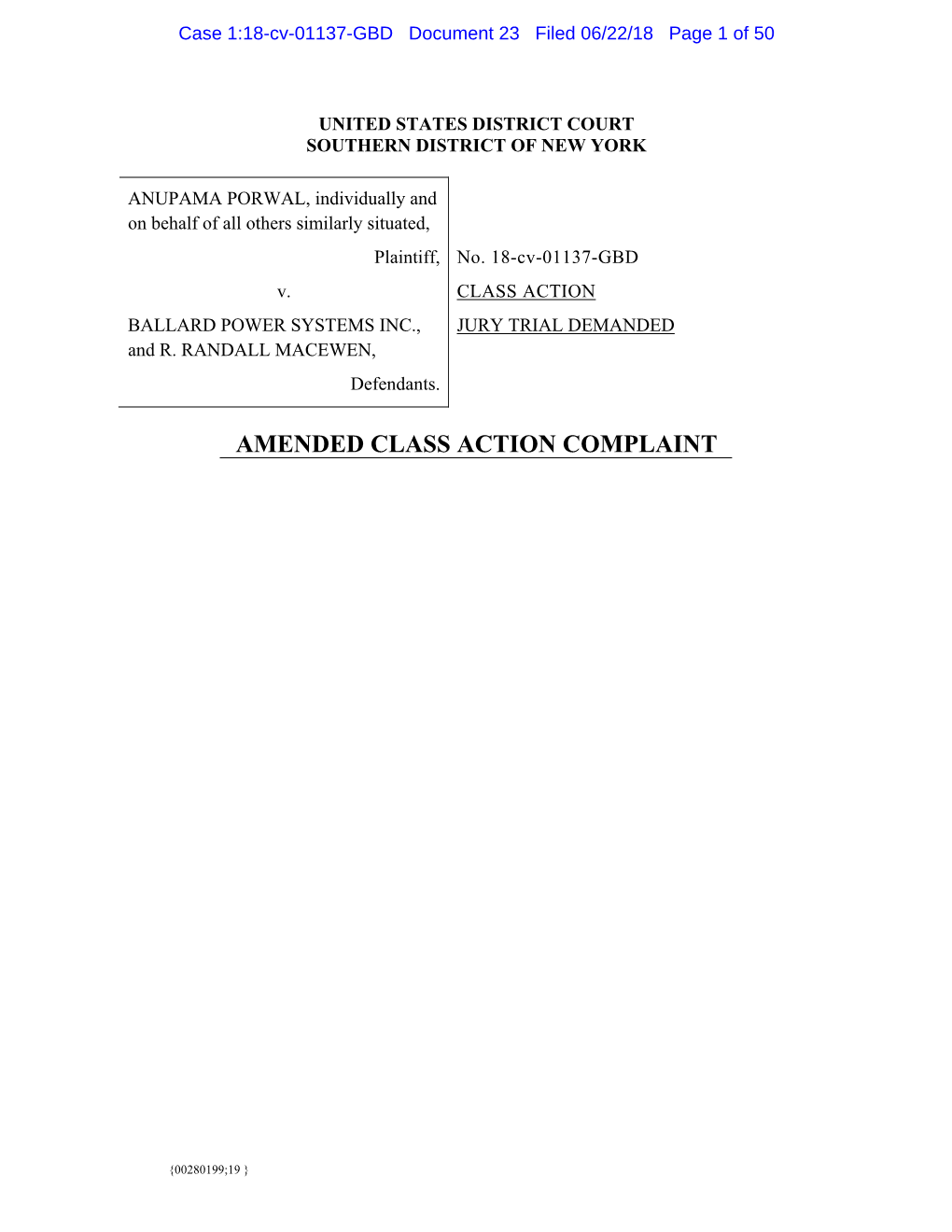 Anupama Porwal, Et Al. V. Ballard Power Systems Inc., Et Al. 18-CV