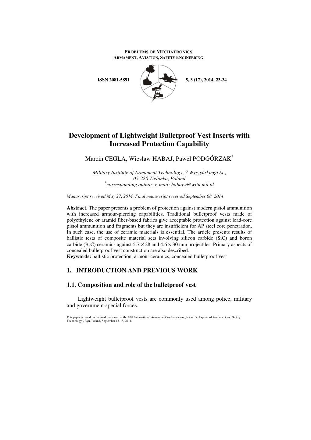 Development of Lightweight Bulletproof Vest Inserts with Increased Protection Capability