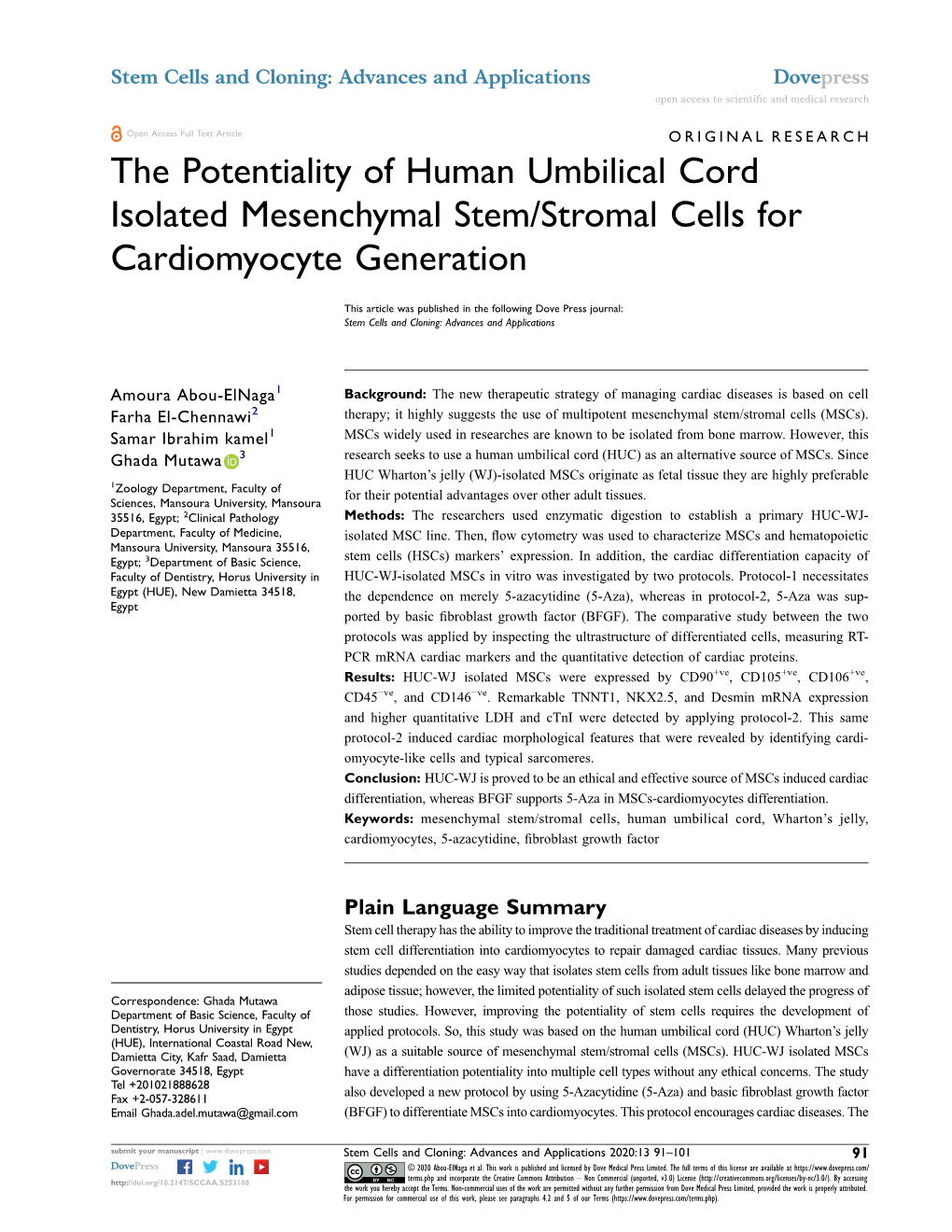 The Potentiality of Human Umbilical Cord Isolated Mesenchymal Stem/Stromal Cells for Cardiomyocyte Generation