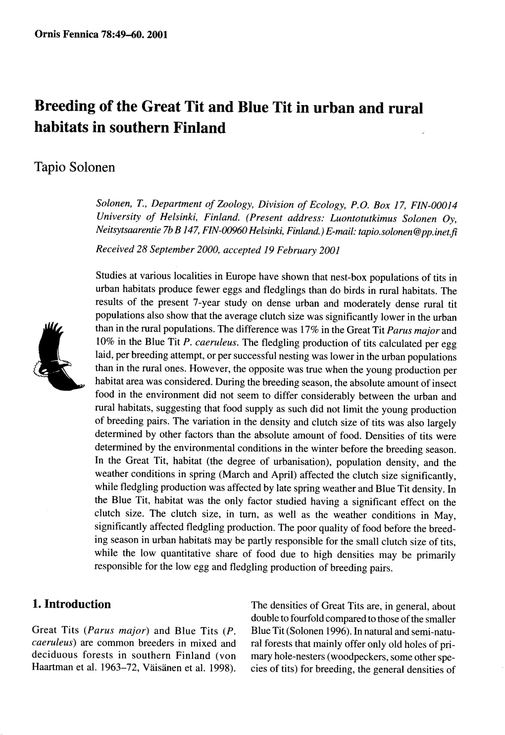 Breeding Ofthe Great Tit and Blue Tit in Urban and Rural Habitats In