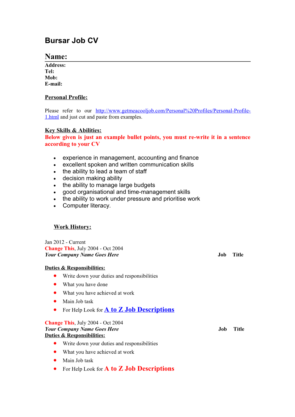 Bursar Job Descriptions