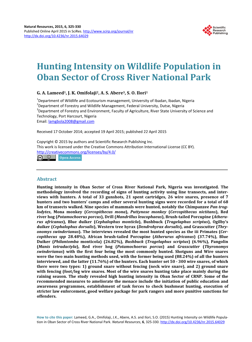 Hunting Intensity on Wildlife Population in Oban Sector of Cross River National Park
