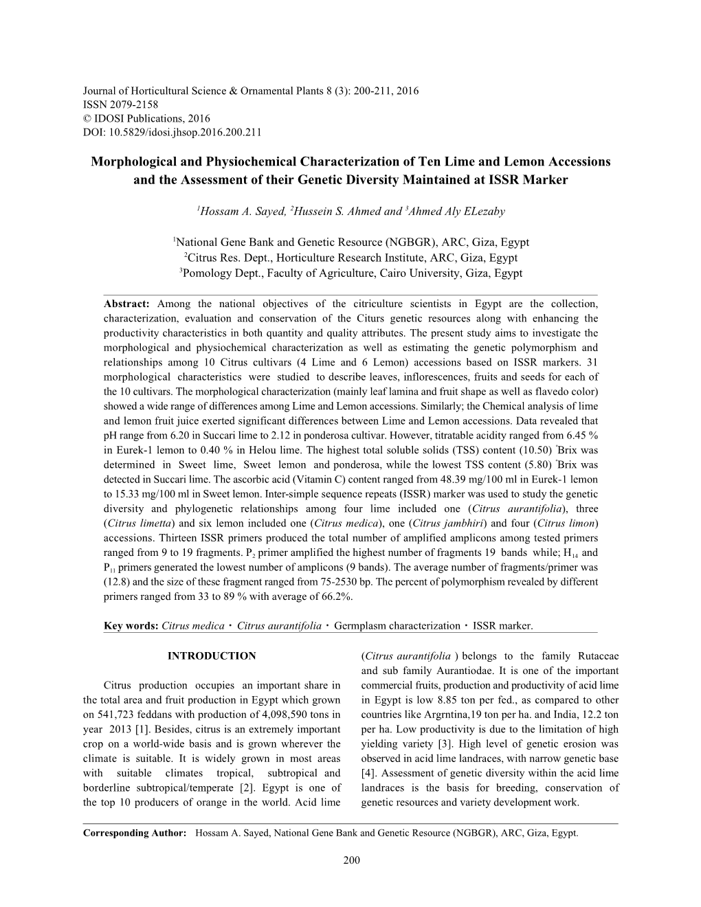 Morphological and Physiochemical Characterization of Ten Lime and Lemon Accessions and the Assessment of Their Genetic Diversity Maintained at ISSR Marker