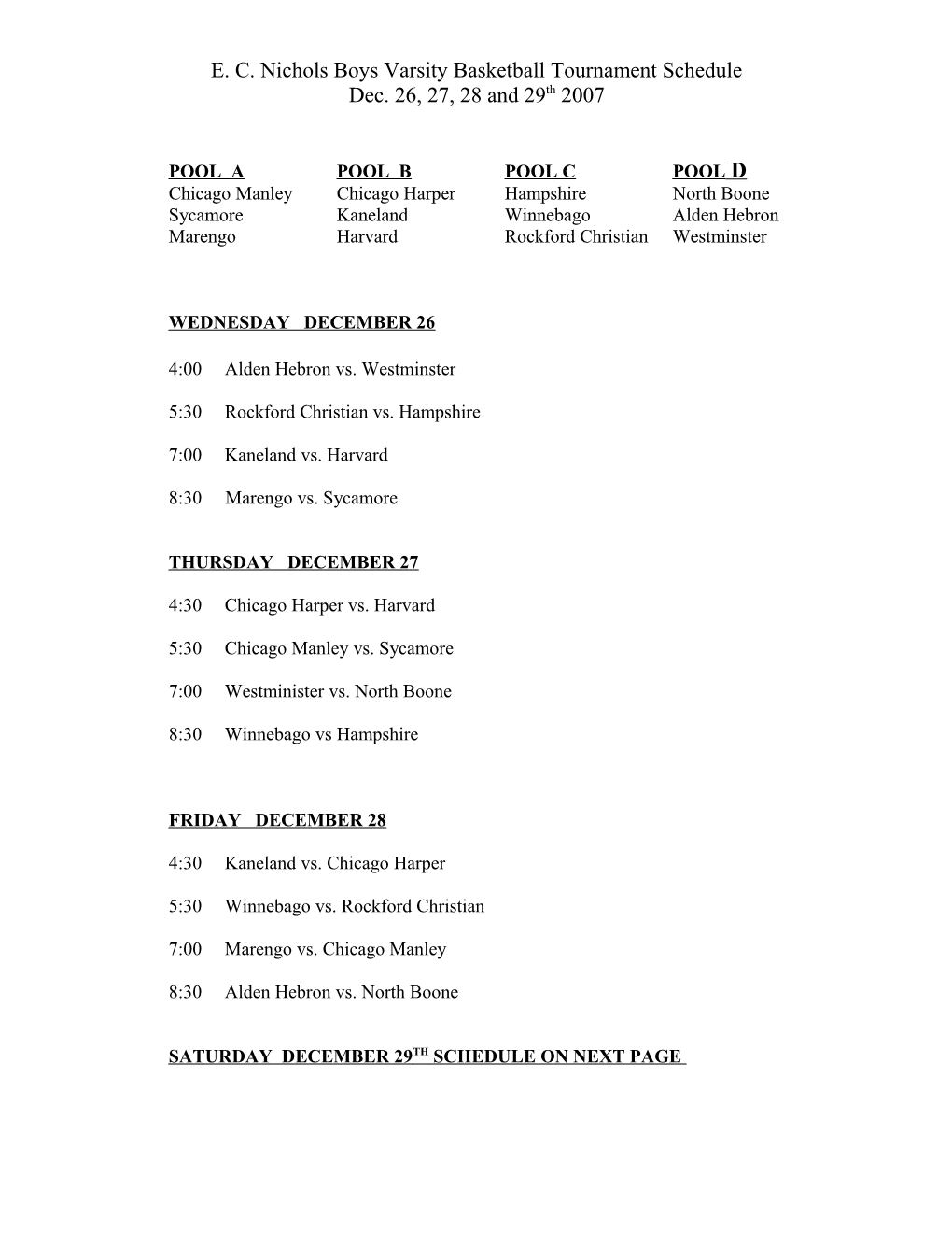 E. C. Nichols Boys Varsity Basketball Tournament Schedule