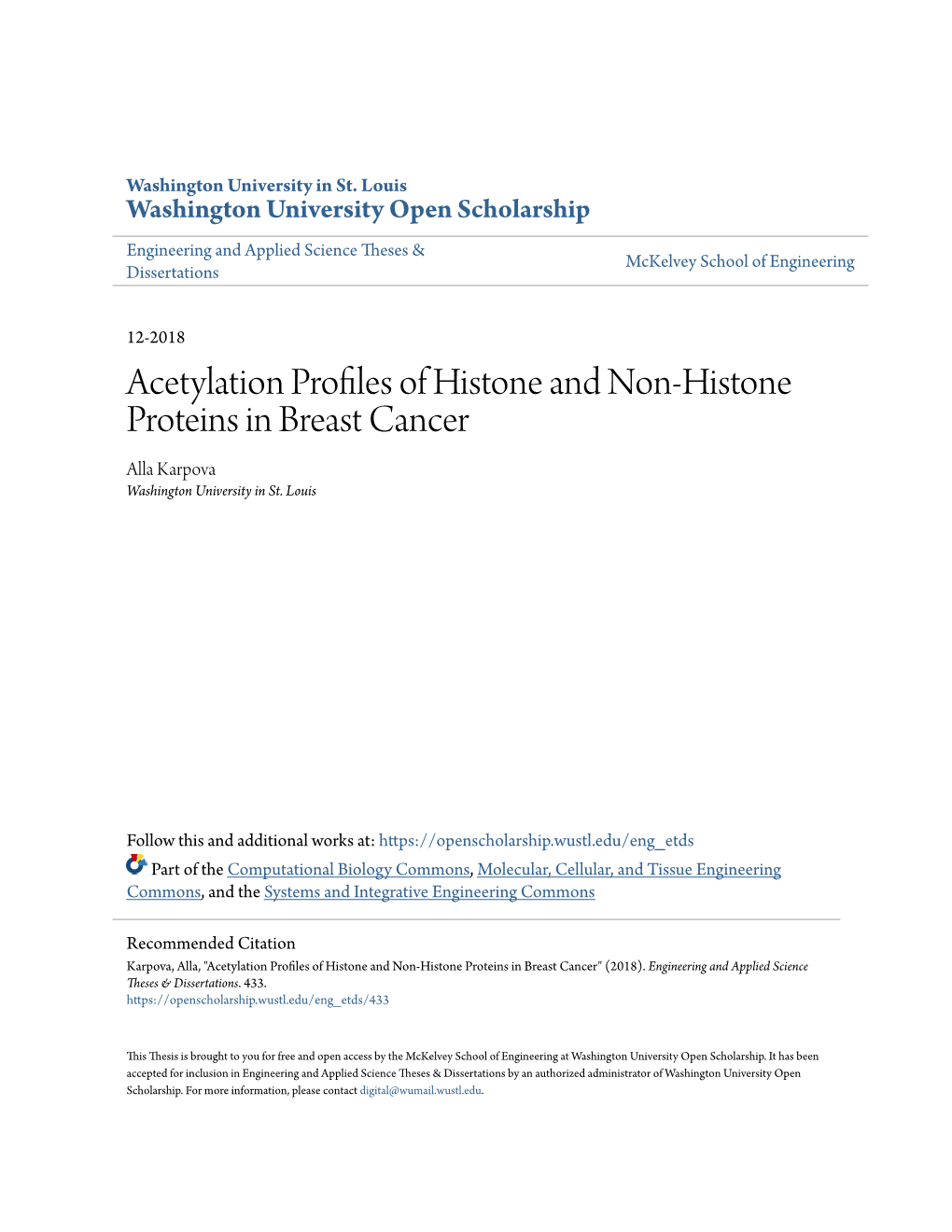 Acetylation Profiles of Histone and Non-Histone Proteins in Breast Cancer Alla Karpova Washington University in St