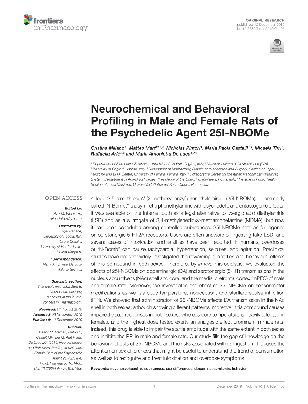 Neurochemical and Behavioral Profiling in Male and Female Rats of the Psychedelic Agent 25I-Nbome