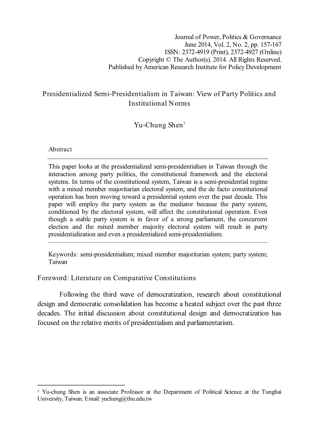 Presidentialized Semi-Presidentialism in Taiwan: View of Party Politics and Institutional Norms
