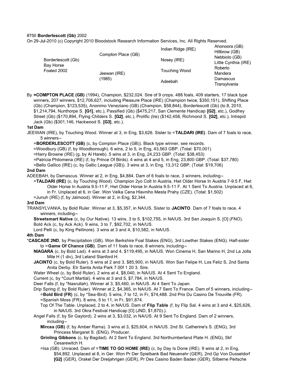 750 Borderlescott (Gb) 2002 on 29-Jul-2010 (C) Copyright 2010 Bloodstock Research Information Services, Inc