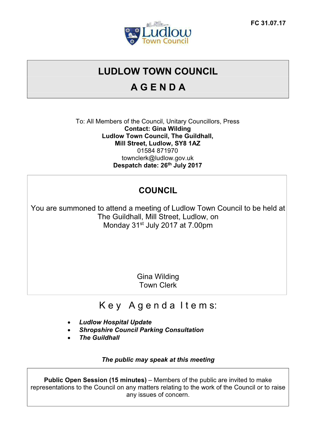 LUDLOW TOWN COUNCIL a G E N D a K E Y a G E N D a I T E M S