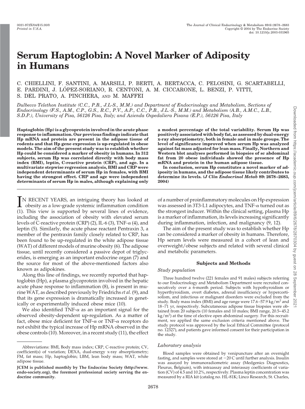 Serum Haptoglobin: a Novel Marker of Adiposity in Humans