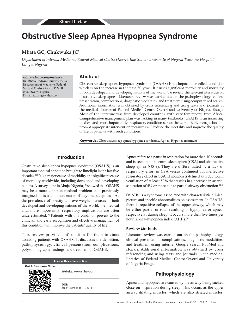 Obstructive Sleep Apnea Hypopnea Syndrome