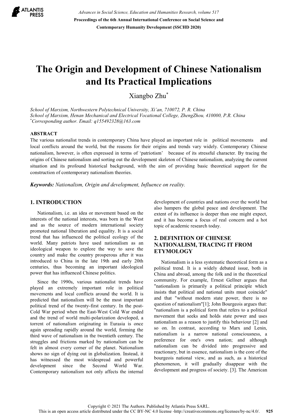 The Origin and Development of Chinese Nationalism and Its Practical Implications Xiangbo Zhu*