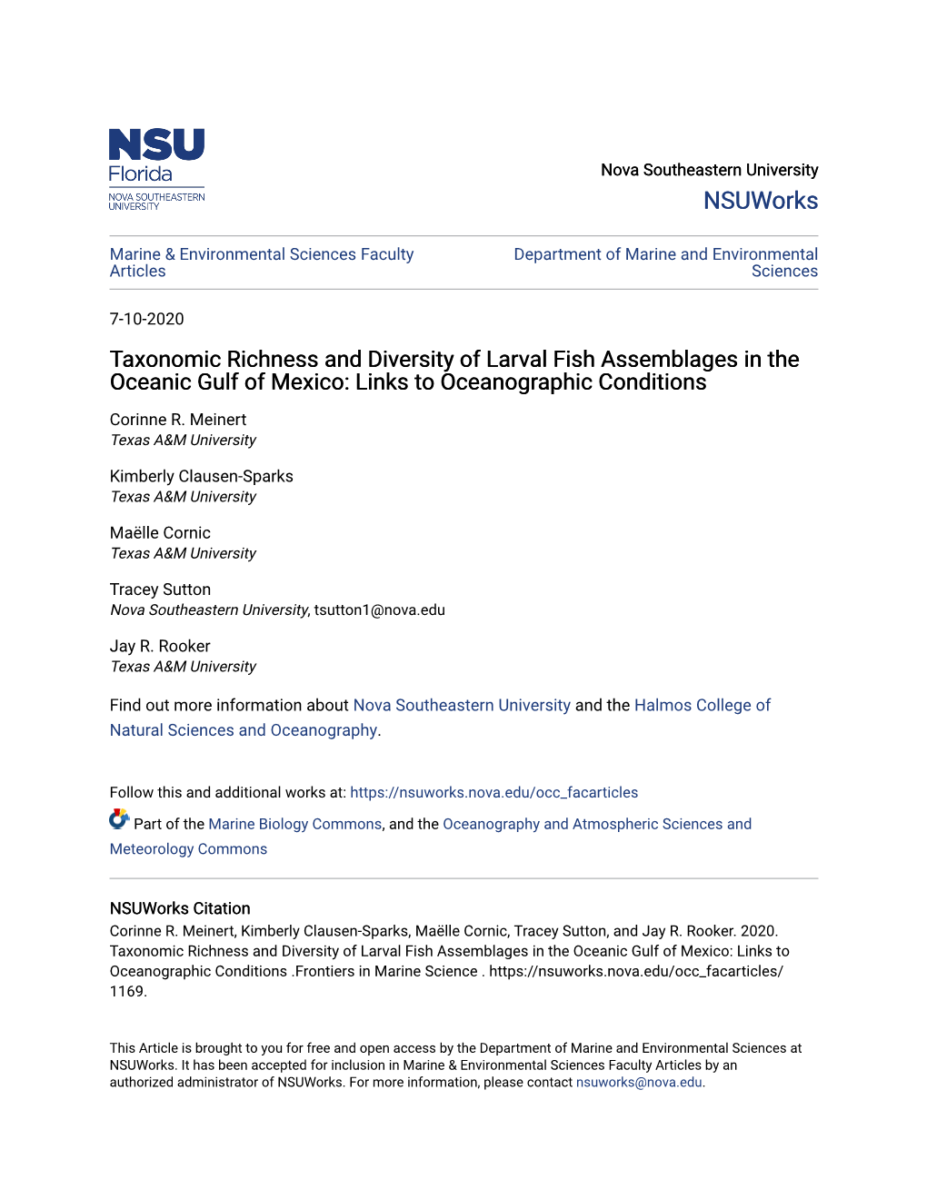 Taxonomic Richness and Diversity of Larval Fish Assemblages in the Oceanic Gulf of Mexico: Links to Oceanographic Conditions