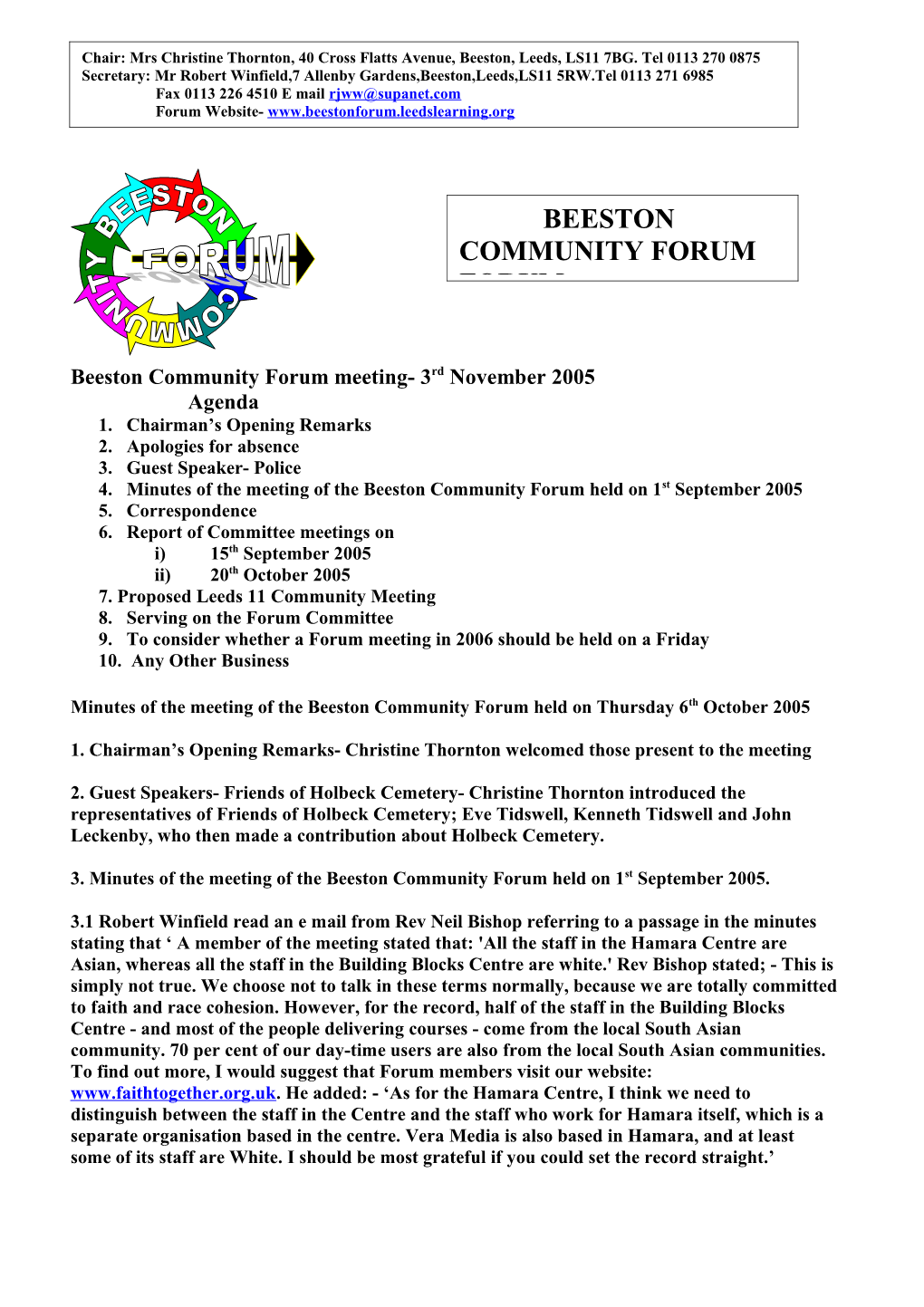 Beeston Community Forum Meeting- Thursday 5Th February 2004