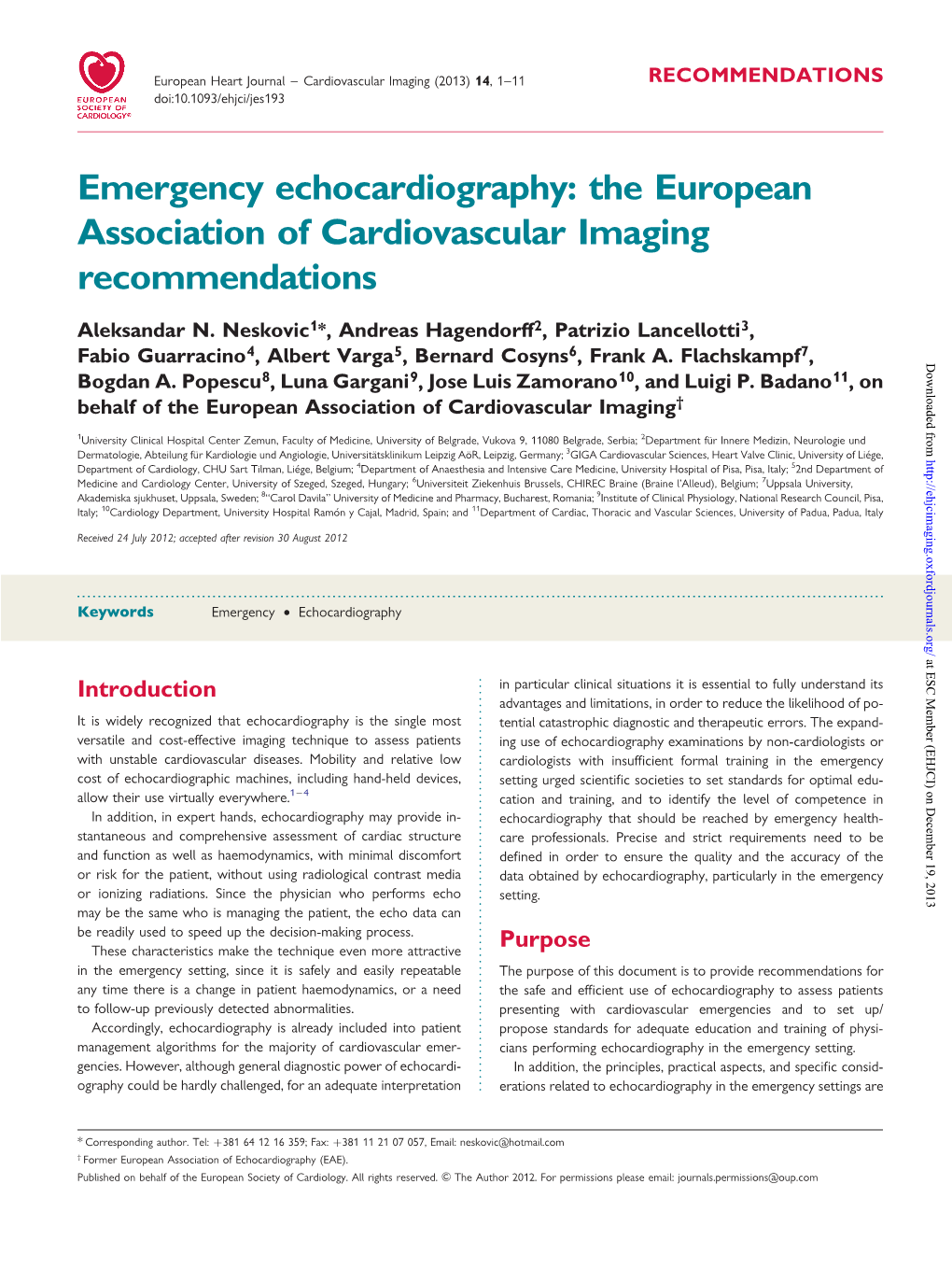 Emergency Echocardiography: the European Association of Cardiovascular Imaging Recommendations