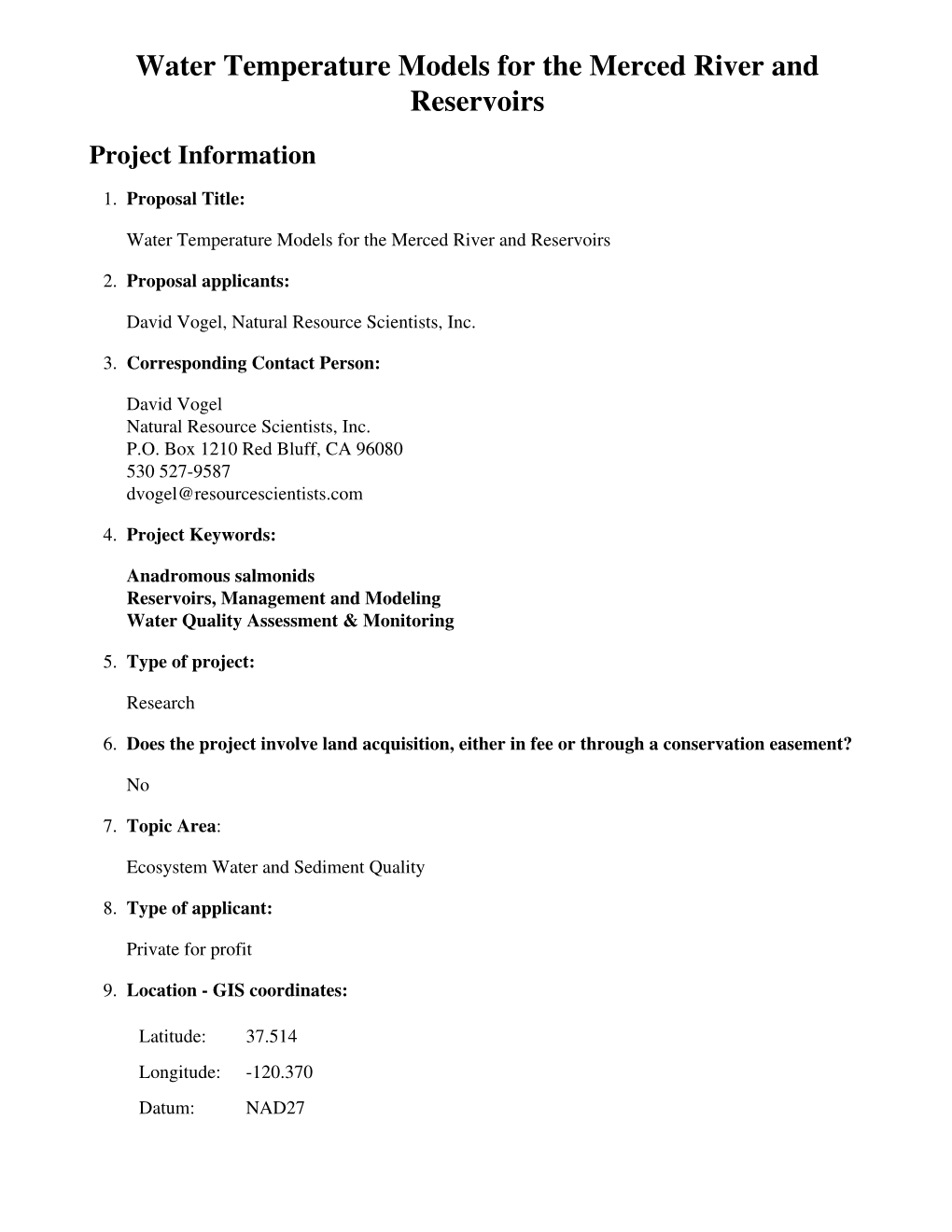 Water Temperature Models for the Merced River and Reservoirs Project Information