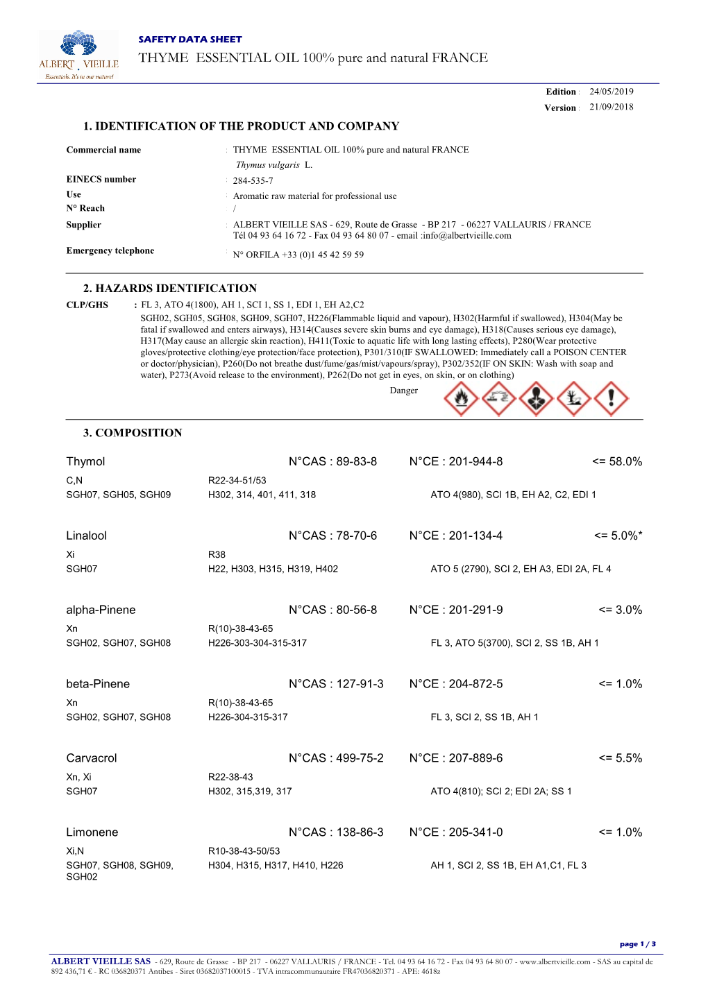 SAFETY DATA SHEET THYME ESSENTIAL OIL 100% Pure and Natural FRANCE