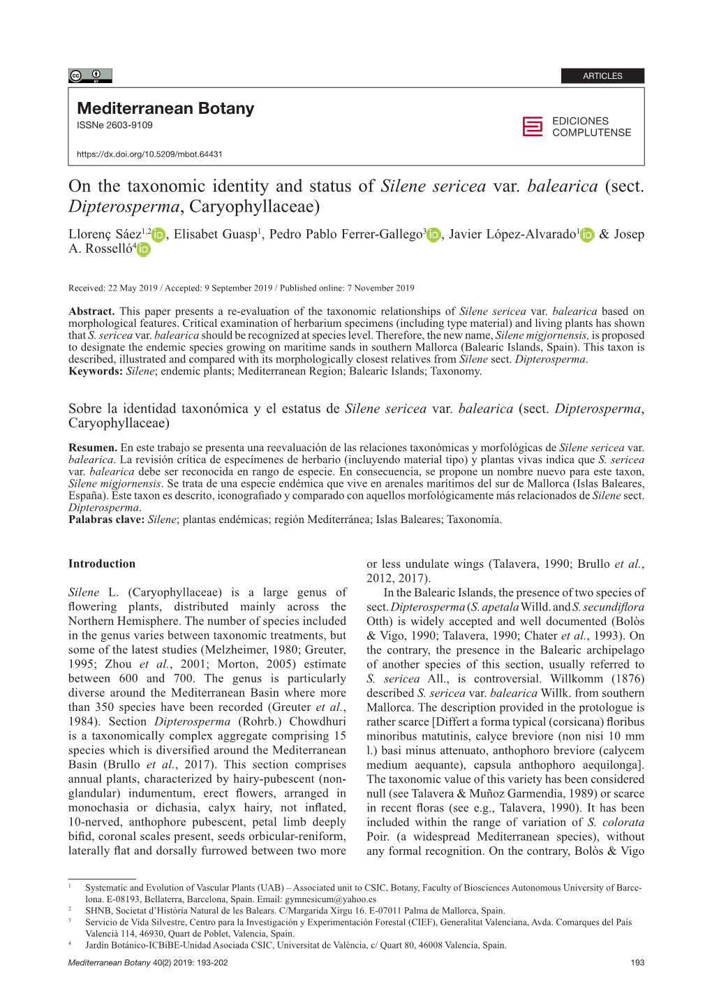 On the Taxonomic Identity and Status of Silene Sericea Var. Balearica (Sect