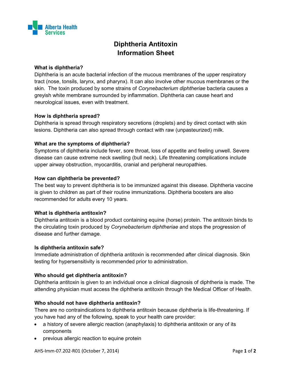 Diphtheria Antitoxin (Equine) Information Sheet