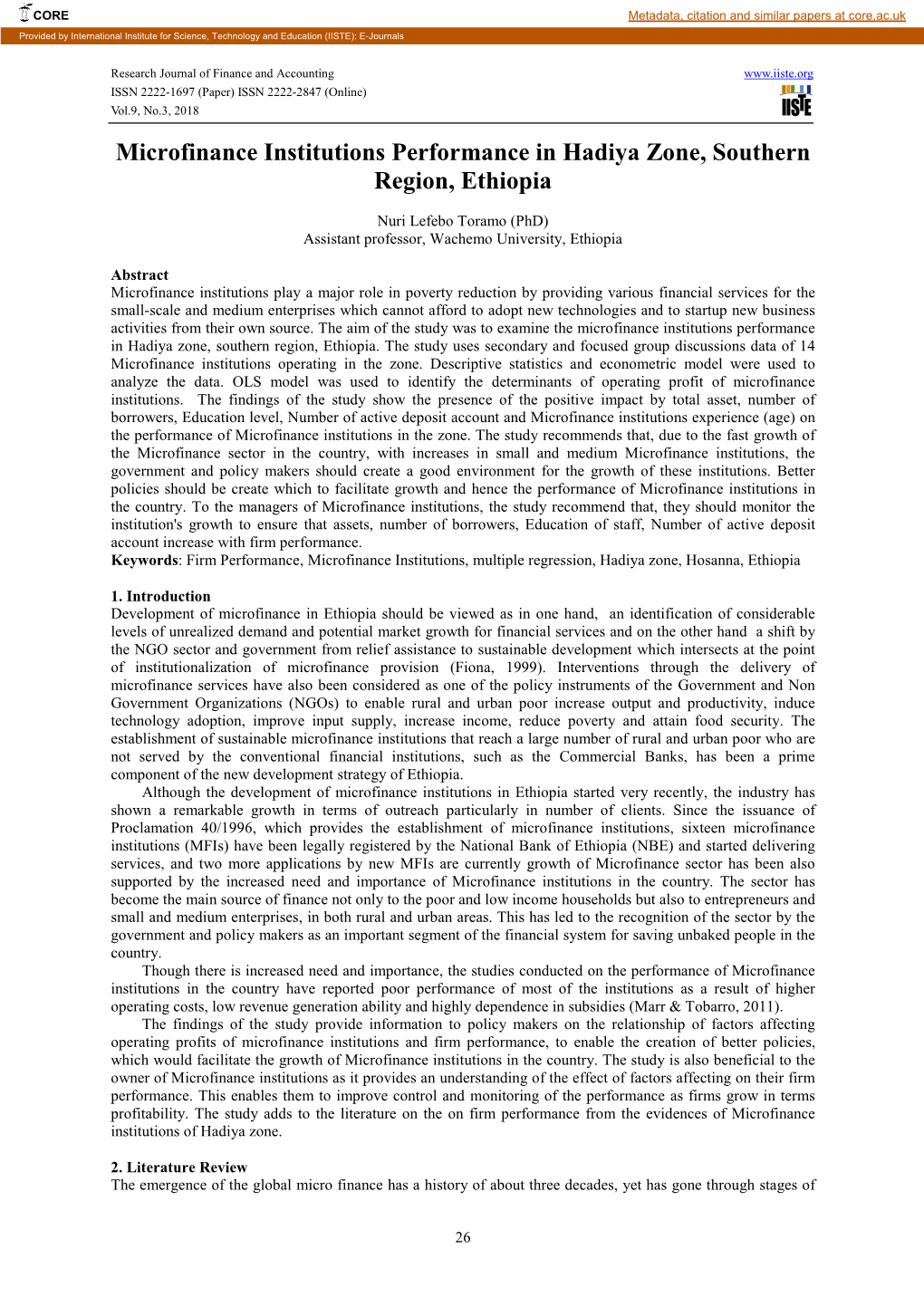 Microfinance Institutions Performance in Hadiya Zone, Southern Region, Ethiopia