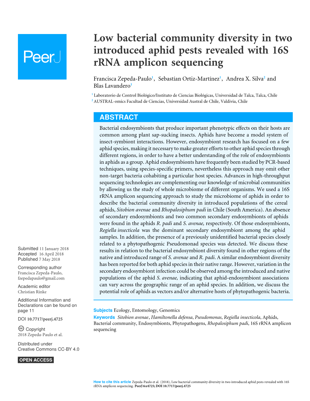 Low Bacterial Community Diversity in Two Introduced Aphid Pests Revealed with 16S Rrna Amplicon Sequencing