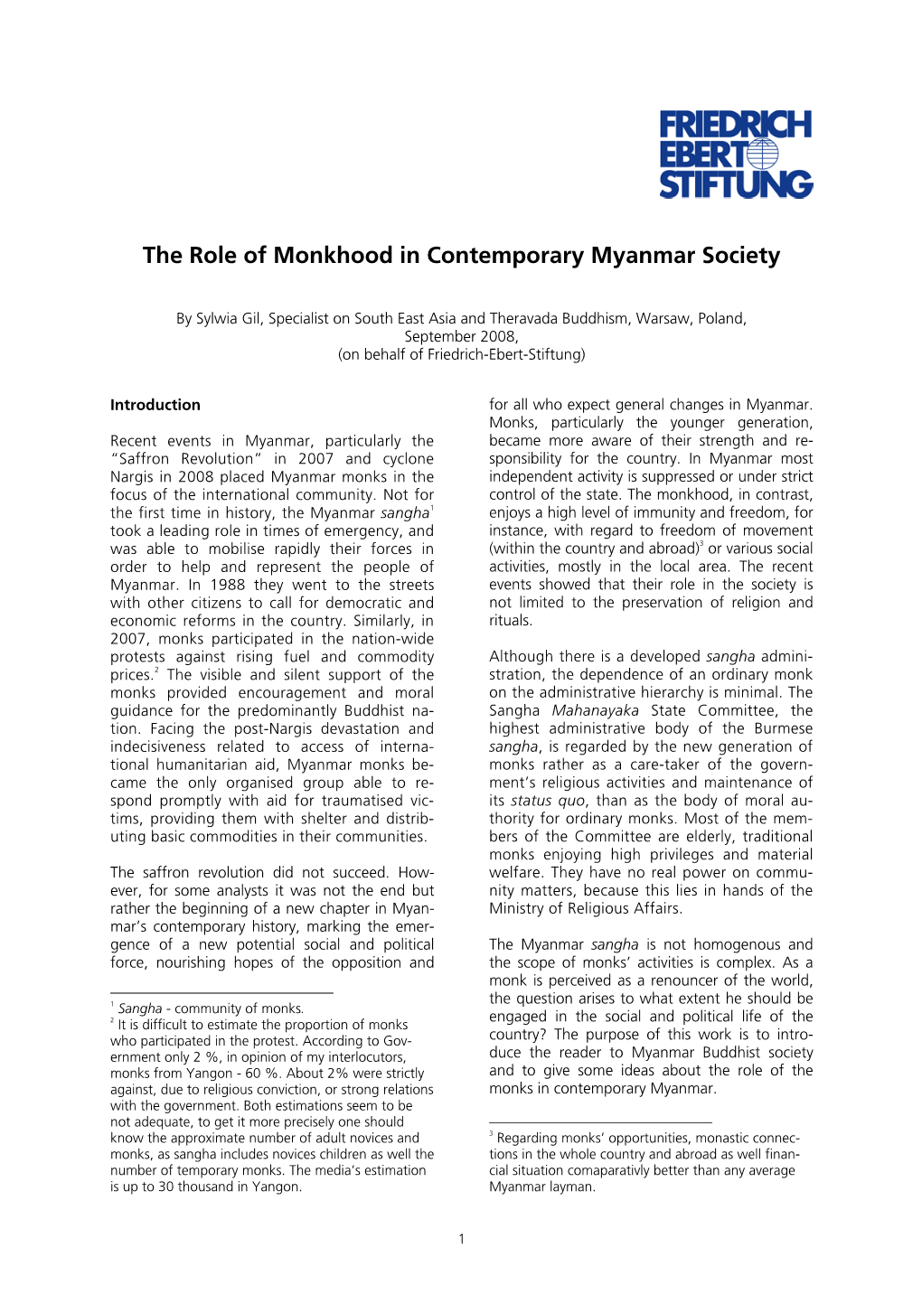 The Role of Monkhood in Contemporary Myanmar Society