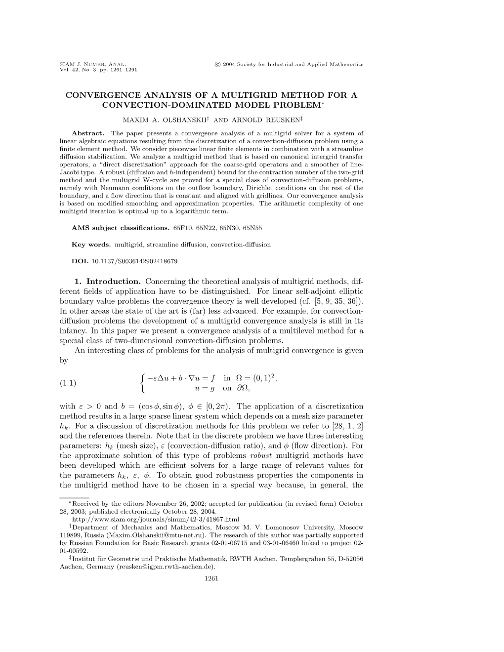 Convergence Analysis of a Multigrid Method for a Convection-Dominated Model Problem∗