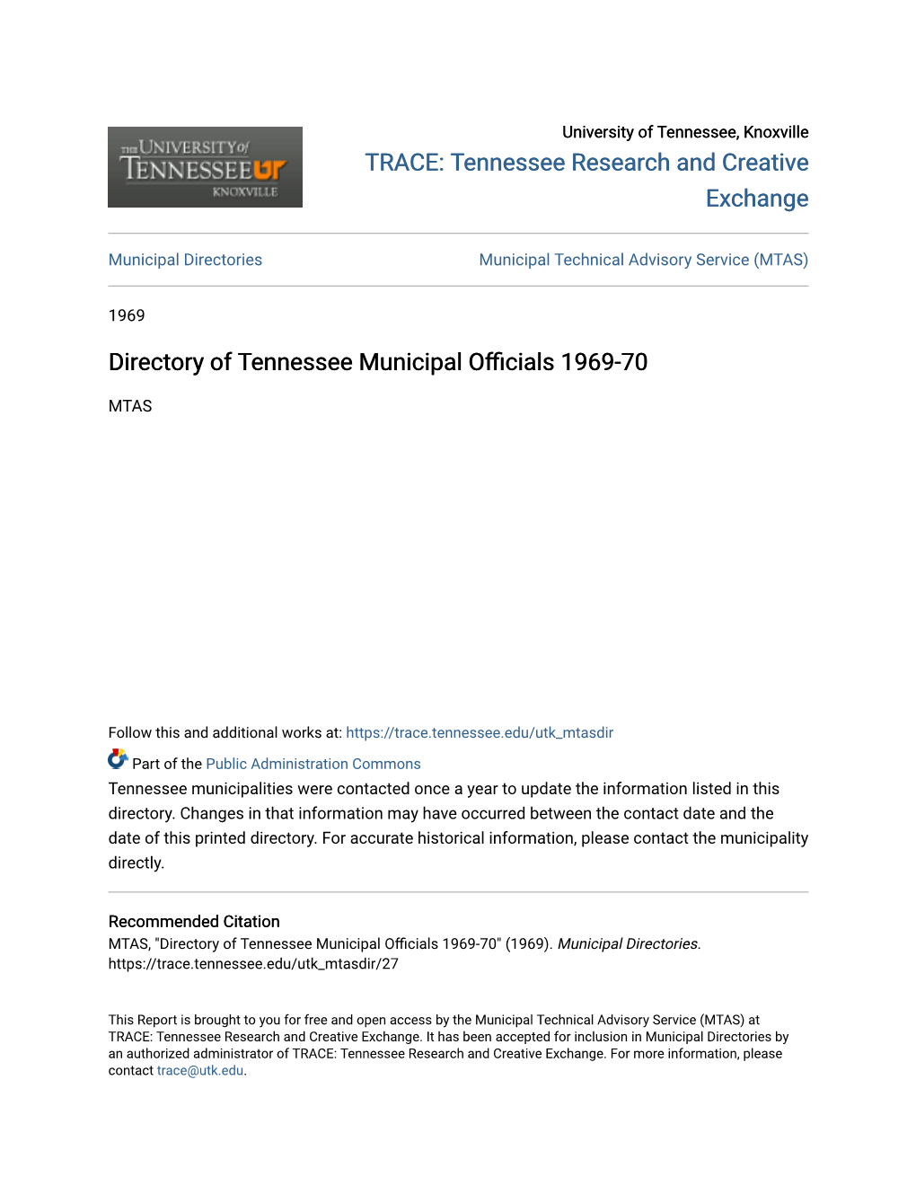 Directory of Tennessee Municipal Officials 1969-70