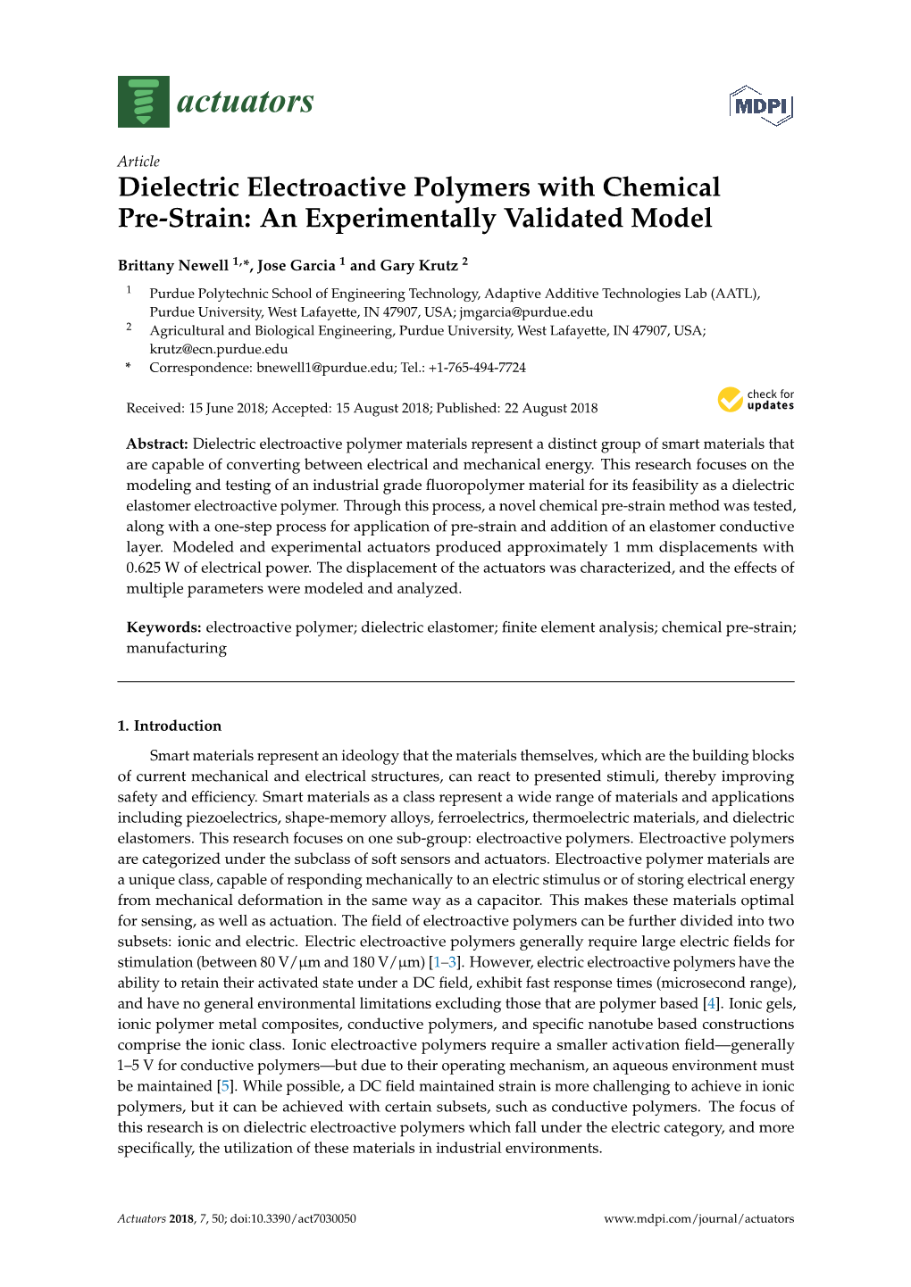 Dielectric Electroactive Polymers with Chemical Pre-Strain: an Experimentally Validated Model