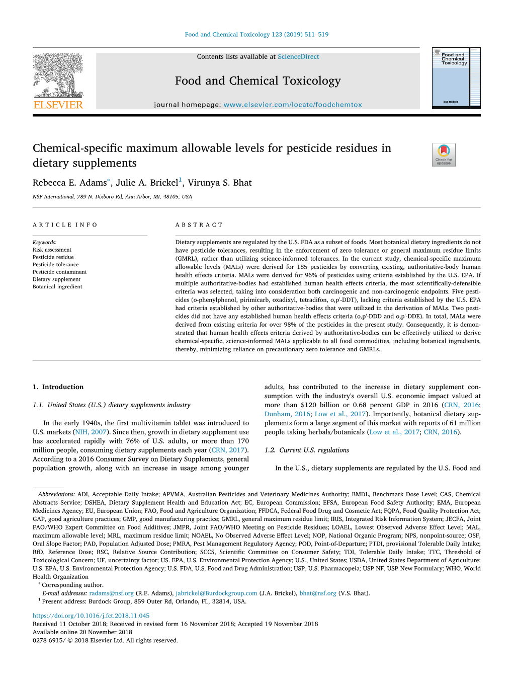 Chemical-Specific Maximum Allowable Levels for Pesticide Residues in T Dietary Supplements ∗ Rebecca E