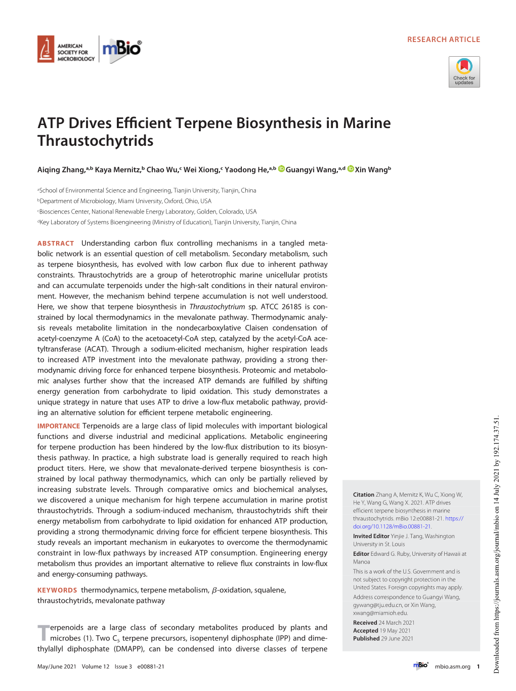 ATP Drives Efficient Terpene Biosynthesis in Marine