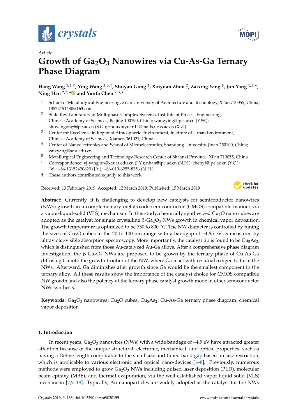 Growth of Ga2o3 Nanowires Via Cu-As-Ga Ternary Phase Diagram