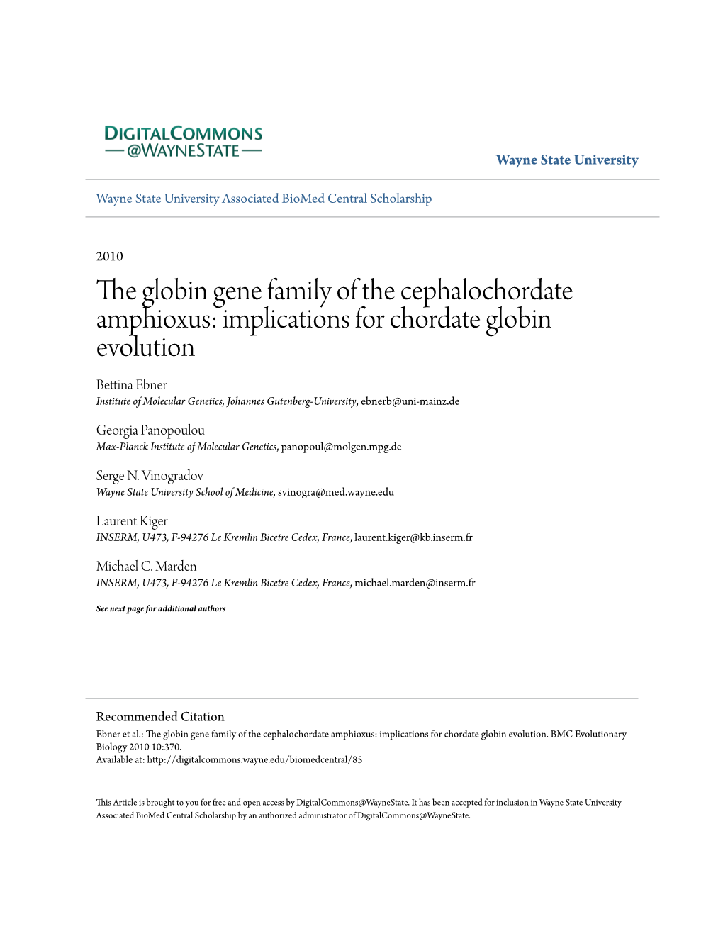 The Globin Gene Family of the Cephalochordate Amphioxus