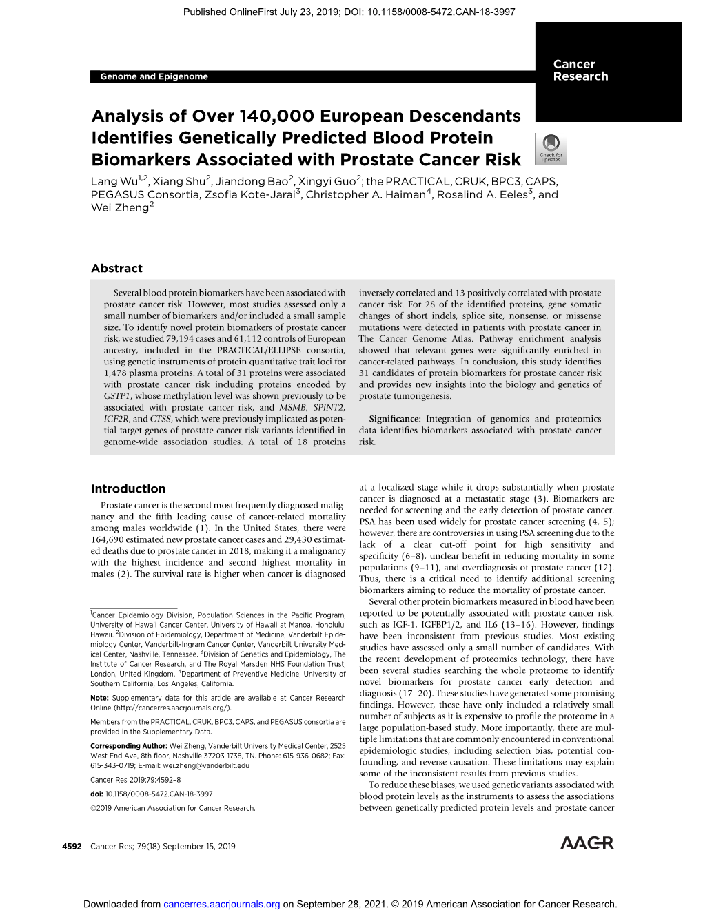 Analysis of Over 140,000 European Descendants Identifies Genetically Predicted Blood Protein Biomarkers Associated with Prostate Cancer Risk