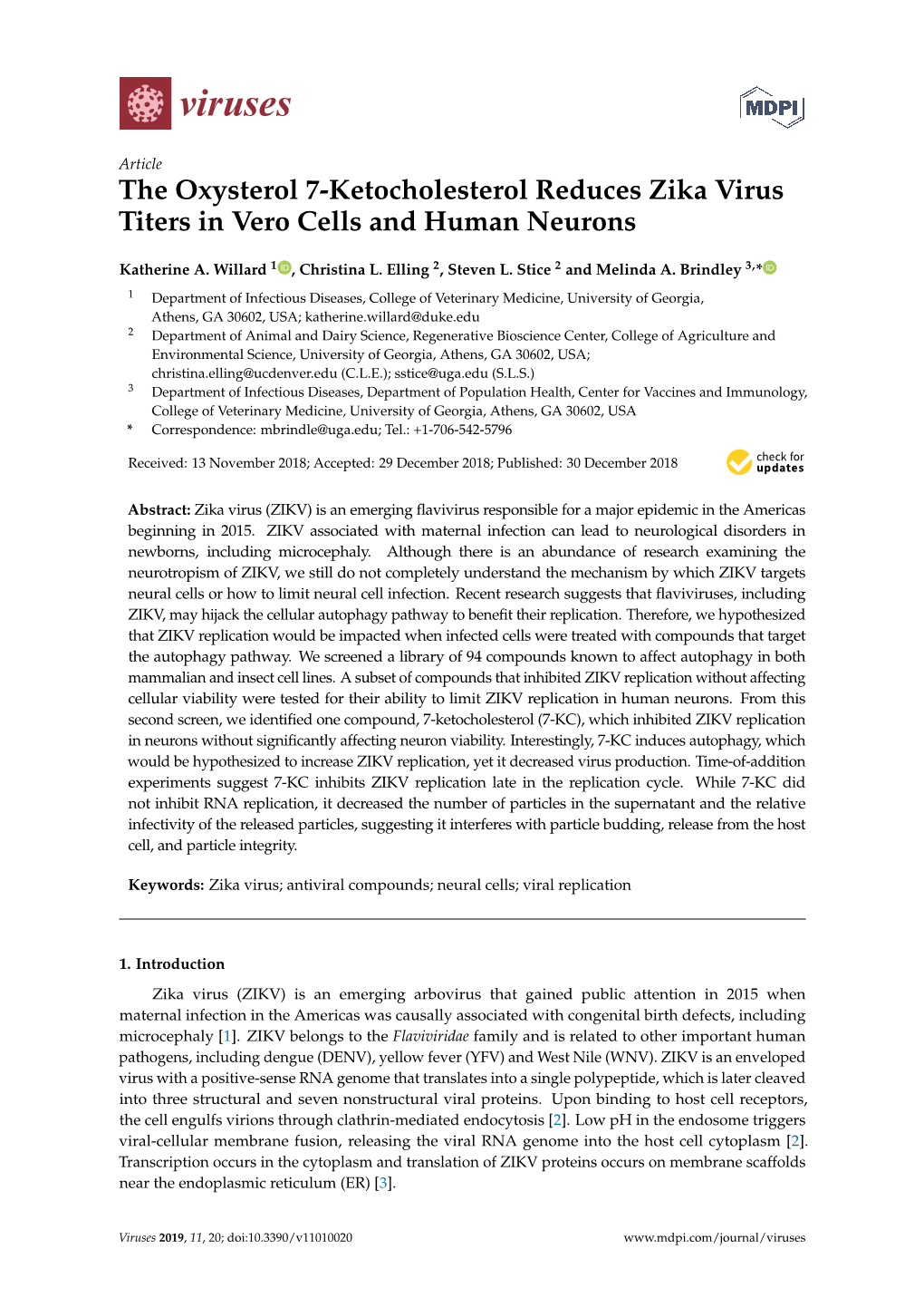 The Oxysterol 7-Ketocholesterol Reduces Zika Virus Titers in Vero Cells and Human Neurons