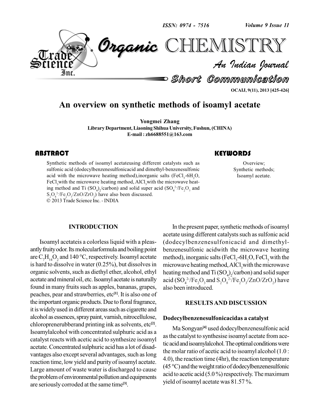 An Overview on Synthetic Methods of Isoamyl Acetate